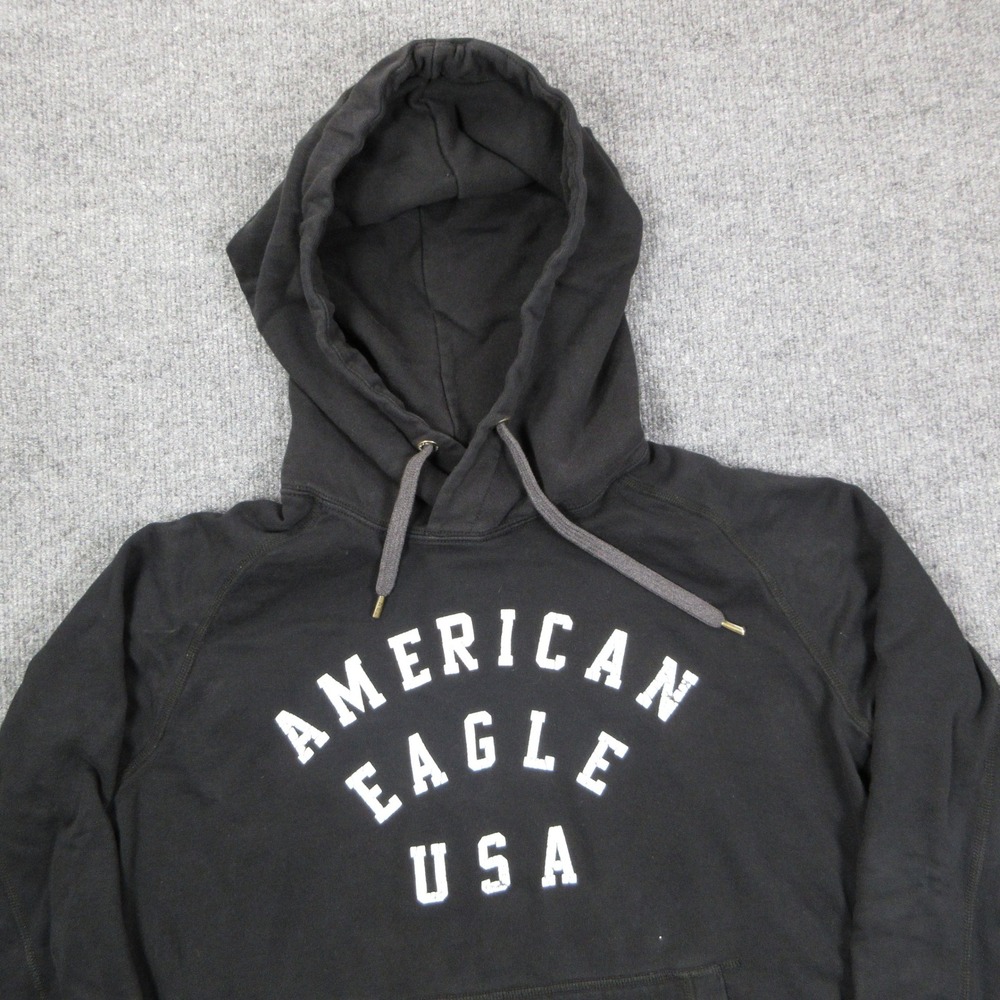 American Eagle Hoodie Mens M Black USA Graphic Pullover Sweatshirt Preppy Gorp